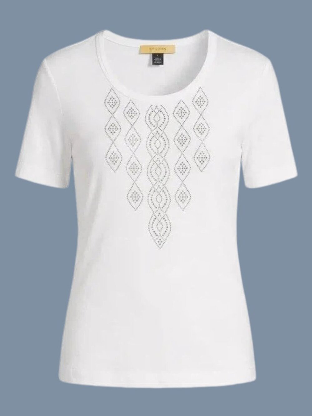 St. John White Short Sleeve Embellished Front Tee